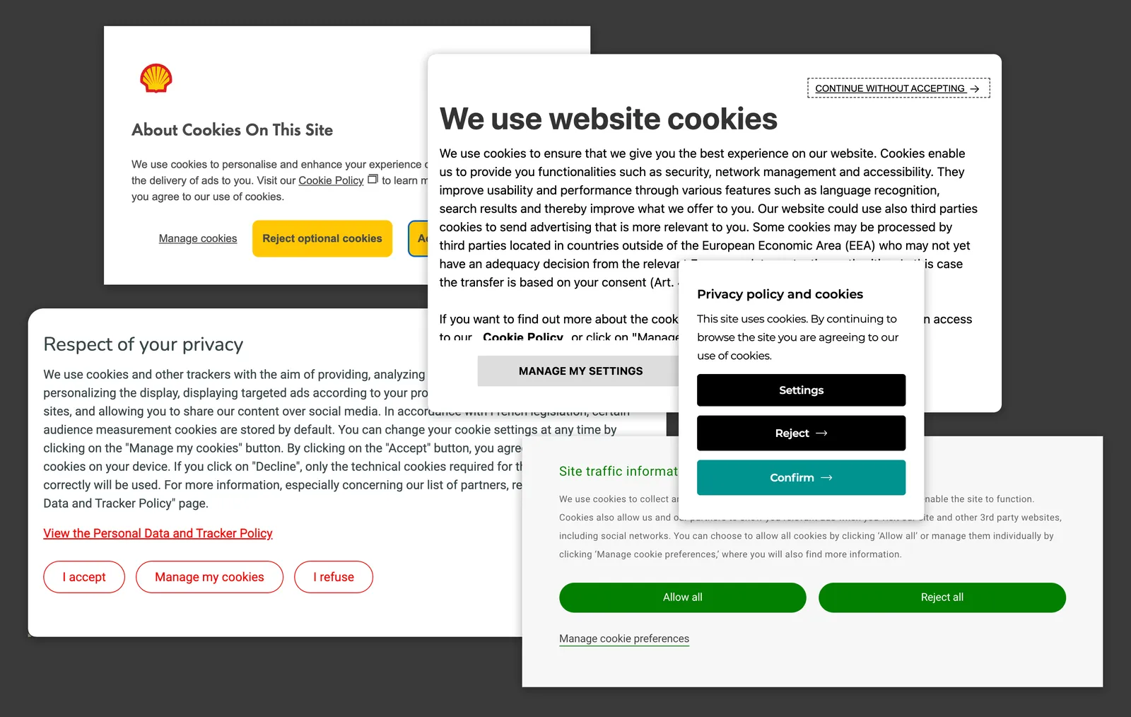A collage of 5 cookie consent banners from different EU companies.